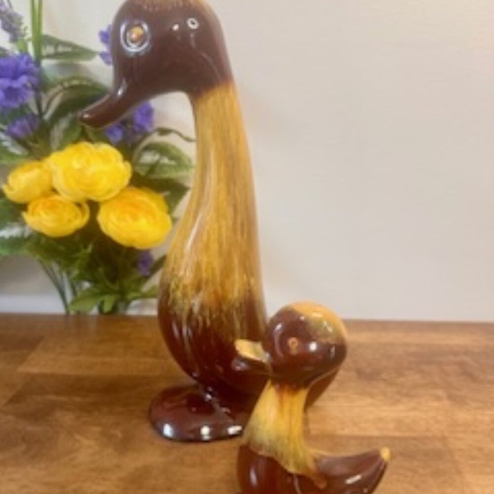 Blue Mountain Pottery Duck Figurine Set‎ Harvest Gold Drip Glaze Vintage Canada